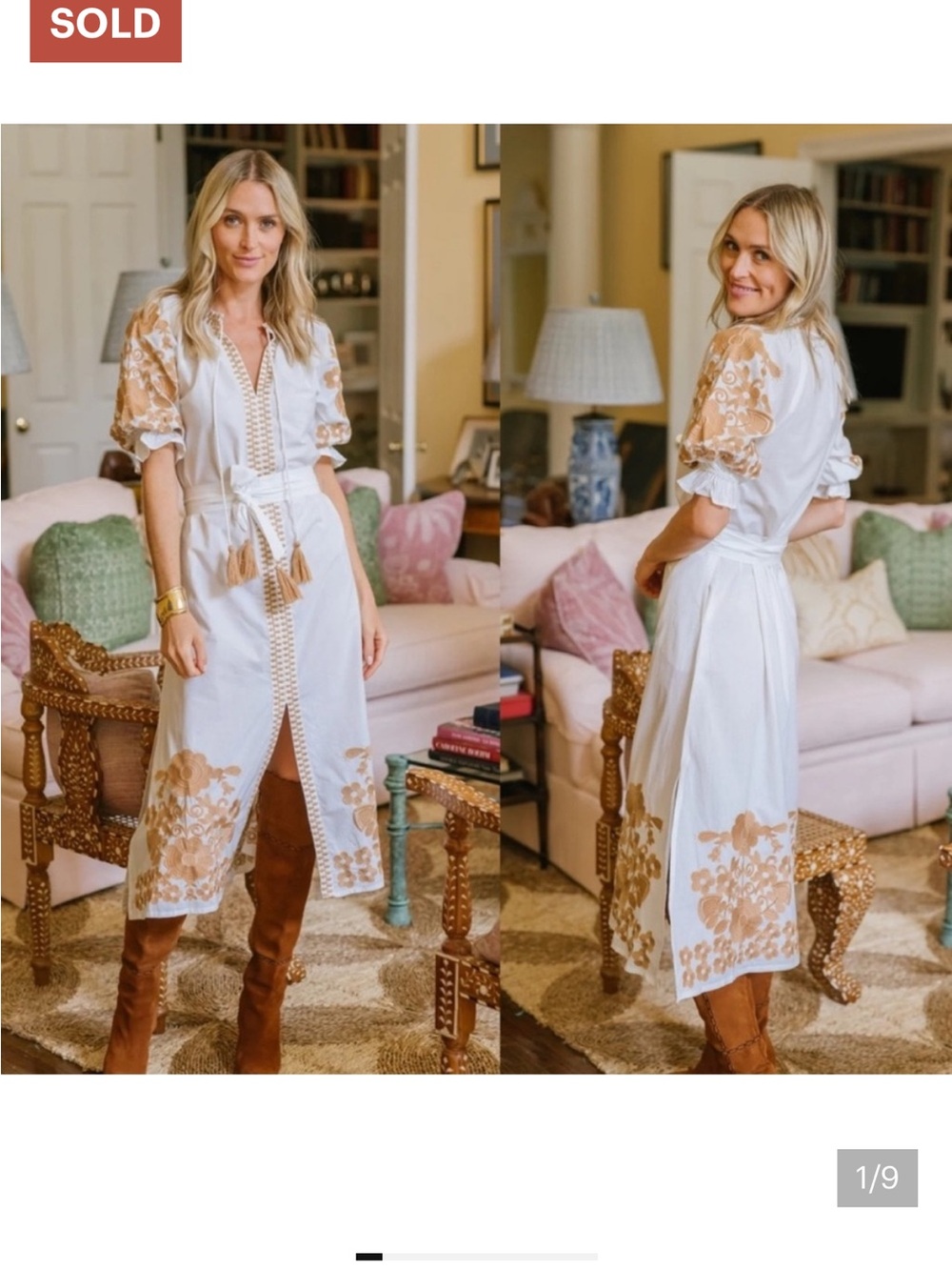 Julia Amory White Midi Dress with Tan Floral Embroidery — Boho Tie-Waist X Small